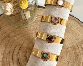 Gold-plated stainless steel bangle bracelet with natural malachite stone - white mother-of-pearl - open bangle bracelet - gold-plated bangle - steel bangle