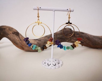 Gold Creoles and Natural Stones 7 Chakras - Multicolor Earrings - Rainbow Creoles