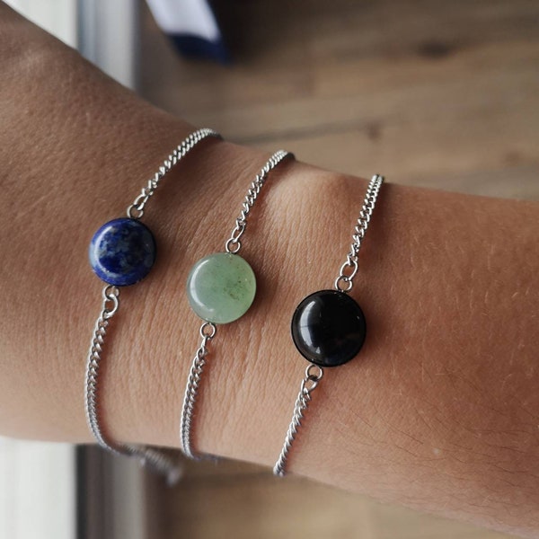 Stainless steel chain bracelet and semi-precious stone lapis lazuli, black agathe or aventurine