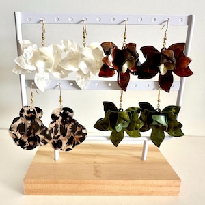 white flower drop earrings - leopard flower drop earrings - khaki green flower earrings