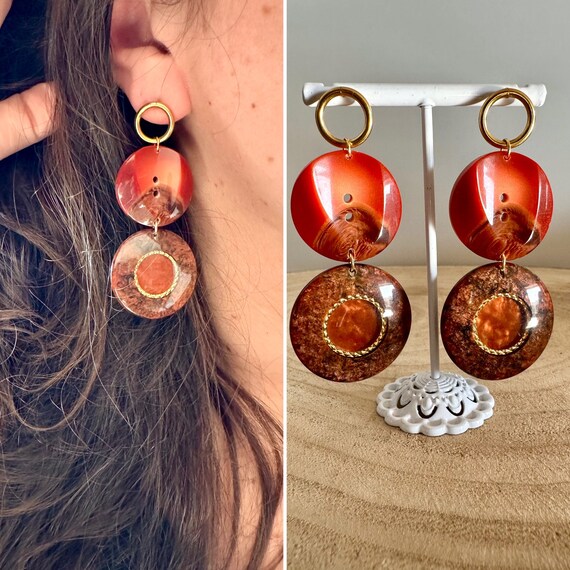 Boucles D'oreilles Vintage Couture Résine Orange - Doré 24 Carats - Très Bon état