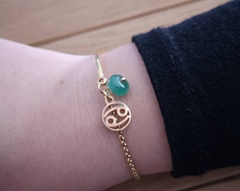 gold bracelet astro sign cancer - Golden bangle bracelet with fine gold astrological sign cancer and natural stone - astro cancer bracelet