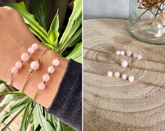 Bracelet fin plaqué or et perles en pierre naturelle en quartz rose - bracelet perles quartz rose - accumulation de bracelet or