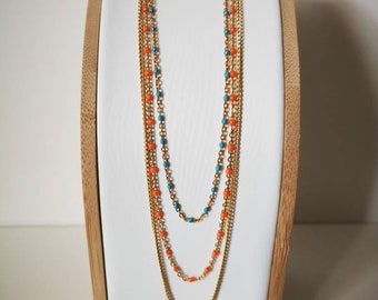 Gouden ketting met meerdere rijen, turquoise en oranje kralen - 3 rijen gouden ketting - vergulde ketting met meerdere rijen - 3 rijen kralen ketting