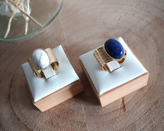 Gold-plated ring with natural lapis lazuli stone - gold ring with howlite stone - wide gold ring - large gold-plated ring - gold and blue ring