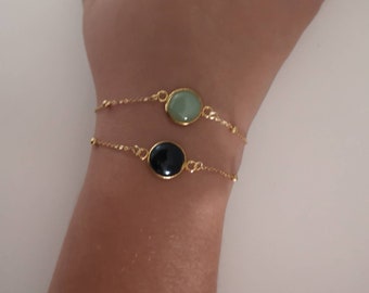 Bracelet chaîne perlée et pierre naturelle Agate noire ou aventurine verte