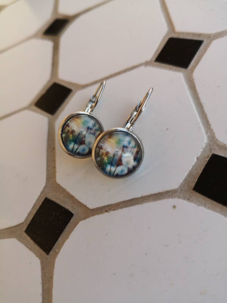 Silver sleeping earrings in stainless steel and cabochon Etsy