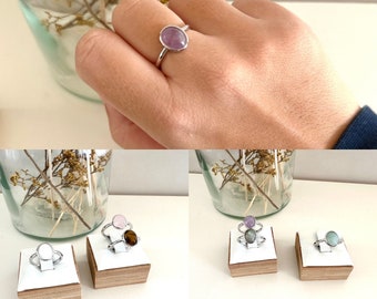 Bague ajustable en argent - bague femme argent - bague argent pierre verte - bague argent quartz rose - bague argent pierre noir