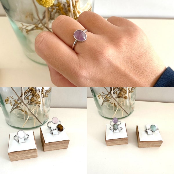 Bague ajustable en argent - bague femme argent - bague argent pierre verte - bague argent quartz rose - bague argent pierre noir