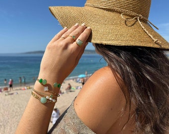 Adjustable gold and natural stone rings - square natural stone ring - square women's ring - aventurine stone ring - rose quartz ring