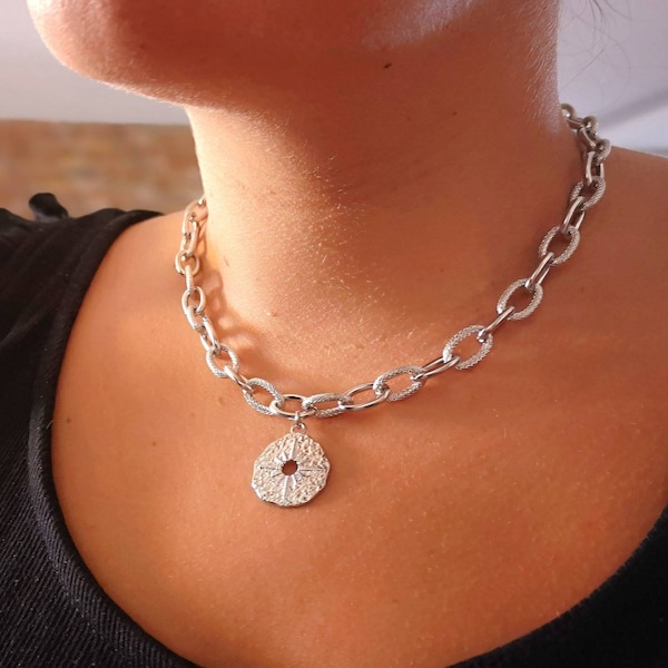 Collier femme grosse maille argent - collier grosse maille argent et médaille étoile - chaîne femme grosse maille en acier inoxydable