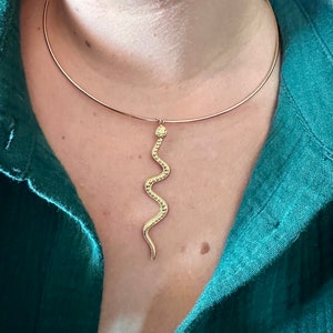 May include: A gold choker necklace with a snake pendant. The snake is curled and has a textured surface.