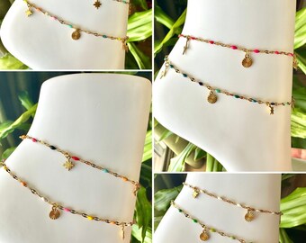 Tobillera con dijes multicolores - tobillera chapada en oro - tobillera de acero inoxidable chapada en oro - cadena de tobillo dorada