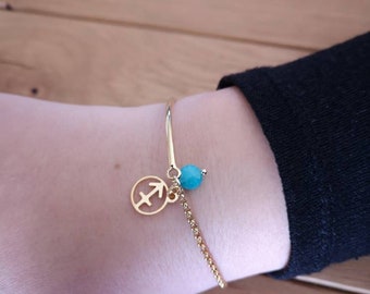 gold bracelet astro sign Sagittarius - Golden bangle bracelet astrological sign Sagittarius and natural stone - astro Sagittarius bracelet