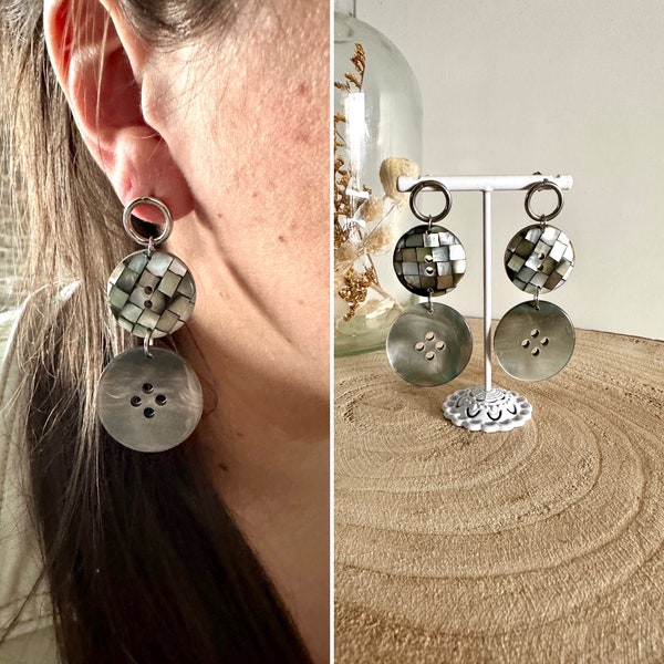 Grosse boucles d’oreilles argent - boucles d’oreilles argent upcyclés - boucles d’oreilles argent boutons de couture - BO fantaisies argent