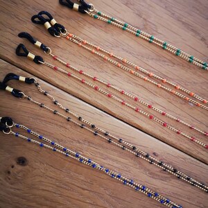 Gold glasses chain and green, red, blue, orange or black beads