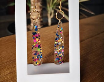 Gold and transparent dangling earrings with glitter - long earrings - festive earrings