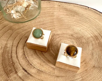 Adjustable gold and natural stone ring - gold-plated stainless steel ring - gold ring with green stone - gold fashion ring - rose quartz ring