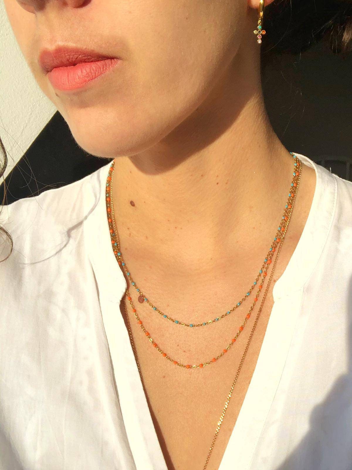 Grand Collier Suspendu En Bronze Fait Main Avec Perles Orangées, Création Unique