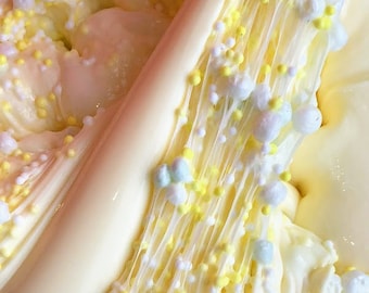 BANANA CRUNCH CAKE Slime | 6oz Jar | Crunchy Yellow + White Foam Beads | Stretchy | SavvSlimes