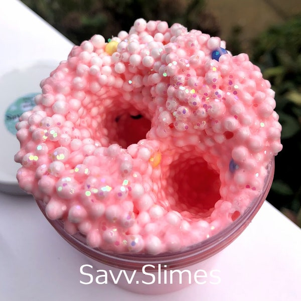 BUBBLE GUM FLOAM | 6oz Jar | Crunchy + Stretchy + Scented | Pink Slime + Foam Beads + Light Glitter | Handcrafted by SavvSlimes