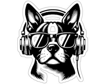 Boston Terrier with Sunglasses and Headphones Sticker, Boston Terrier Sticker, Boston Terrier Sticker, Boston Terrier Waterbottle Sticker