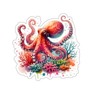 Watercolor Octopus and Coral Sticker, Sea Life Decal