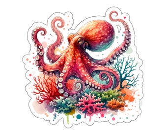 Watercolor Octopus and Coral Sticker, Sea Life Decal