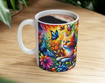 Orange Cat Mug with Butterflies and Flowers, Cat Lover Gift