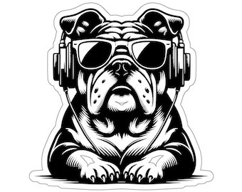 English Bulldog with Sunglasses and Headphones Sticker, English Bulldog Sticker, English Bulldog Lover, English Bulldog Waterbottle Sticker
