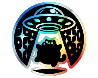 Alien UFO Cat Abduction Holographic Sticker