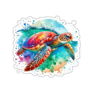 May include: A vibrant watercolor sticker of a sea turtle swimming in the ocean. The turtle has a colorful shell with shades of red, orange, and blue. The background features splashes of blue, green, and purple watercolor paint.