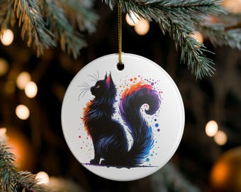 Ornamento con illustrazione di gatto nero colorato / Decorazione in ceramica da appendere