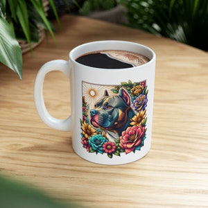 Pitbull Floral Portrait Mug, Pitbull Lover Gift, Pitbull Mom Coffee Cup, Pitbull Dad Coffee Cup, Pitbull Mug, Pitbull Lover Ceramic Mug