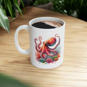 Tazza acquerello polpo, tazza d&#39;arte polpo, tazza acquerello animale, tazza di caffè polpo, tazza di tè polpo, regalo amante del polpo
