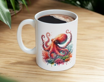 Watercolor Octopus Mug, Ocean Animal Art, Coffee or Tea Cup