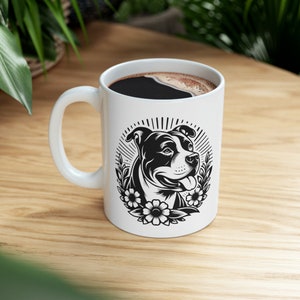 Pitbull Dog and Flowers Ceramic Mug, Pitbull Lovers Gift, Pitbull Mom Gift, Pitbull Dad Gift, Pitbull Coffee Cup, Dog Mug