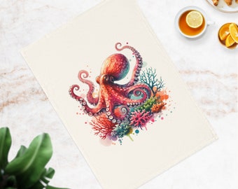 Watercolor Octopus and Coral Organic Cotton Tea Towel, Octopus Tea Towel, Octopus Artwork Tea Towel, Octopus Kitchen Towel, Octopus Towel