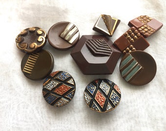 Chocolate Brown 3 Large Disc Buttons Vintage Art Deco Buttons