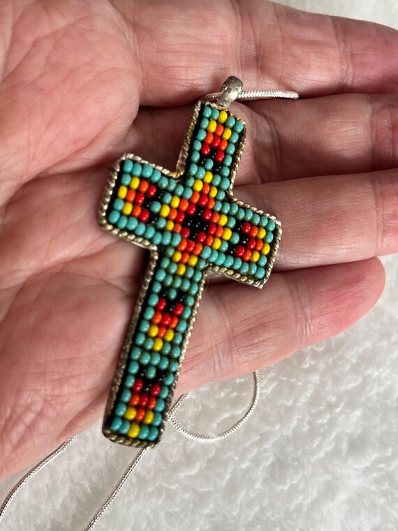 Beaded silver cross necklace - image 3