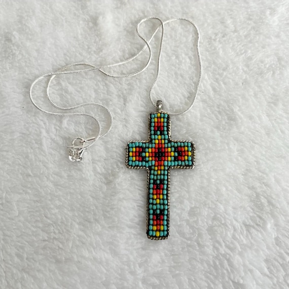Beaded silver cross necklace - image 1