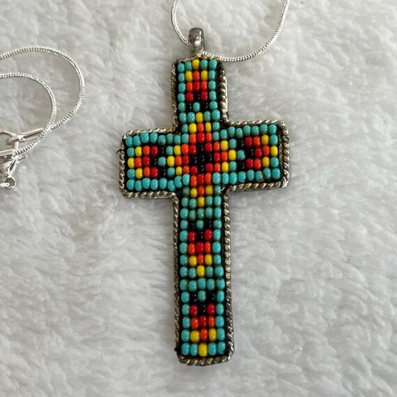 Beaded silver cross necklace - image 4