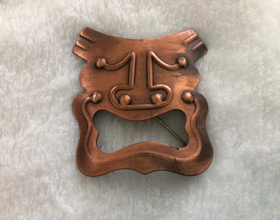 copper comedy mask brooch - image 1