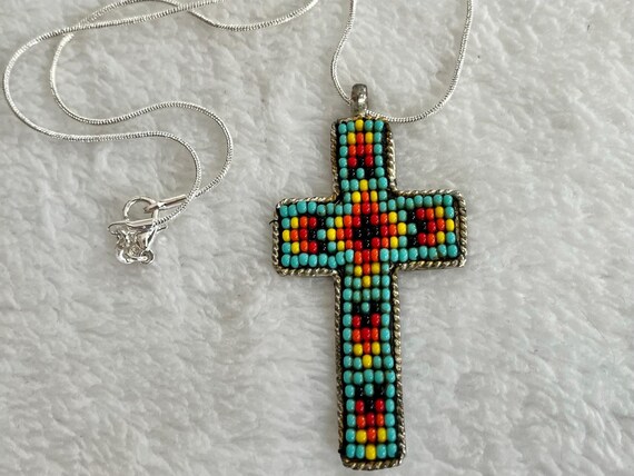 Beaded silver cross necklace - image 2