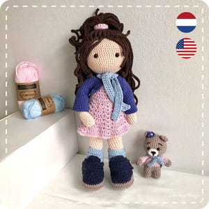 Häkelanleitung Puppe Nina mit Bär, PDF auf Niederländisch, Englisch (US-Bedingungen), Anziehpuppe, Amigurumi-Puppenmuster.