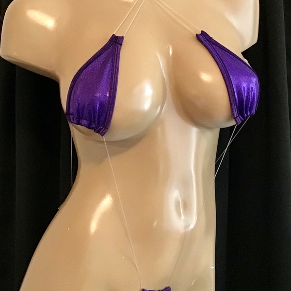 Monokini thong exotic dancer  micro string purple hologram