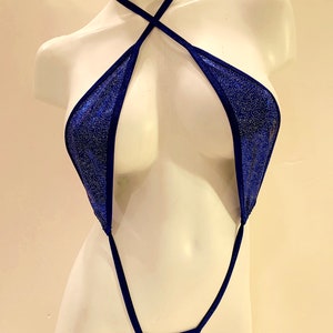 Custom Made Micro Sling shot style Thong Monokini wear it 2 ways royal blue stardust metallic stageexotic dancerbikini contestmodeling