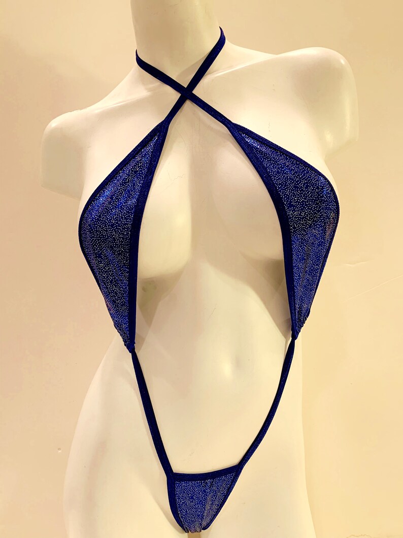Custom Made Micro Sling shot style Thong Monokini wear it 2 ways royal blue stardust metallic stageexotic dancerbikini contestmodeling