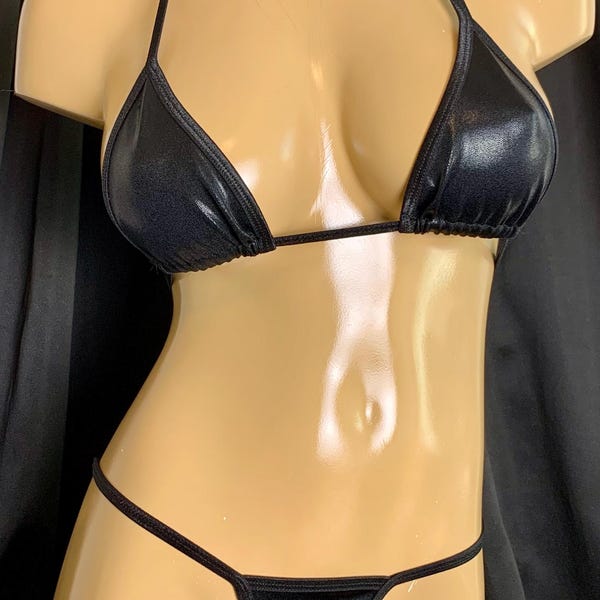 Conjunto de fio dental preto brilhante feito sob medida para dançarina exótica de festival rave (novo)