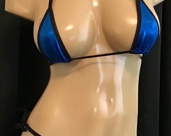 Exotic dancewear stripper bikini thong web model photo shoot Las Vegas pool party royal blue metallic
